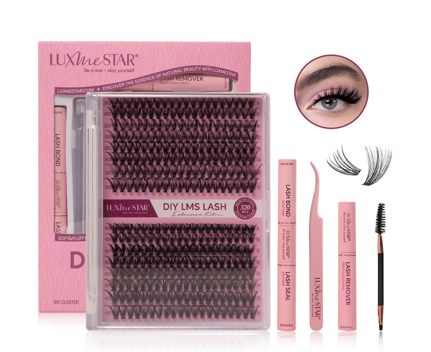 LuxMeStar DIY Lash Extension Kit 320pcs Individual Lashes Cluster D Curl (30D+40D, 9-16mm)