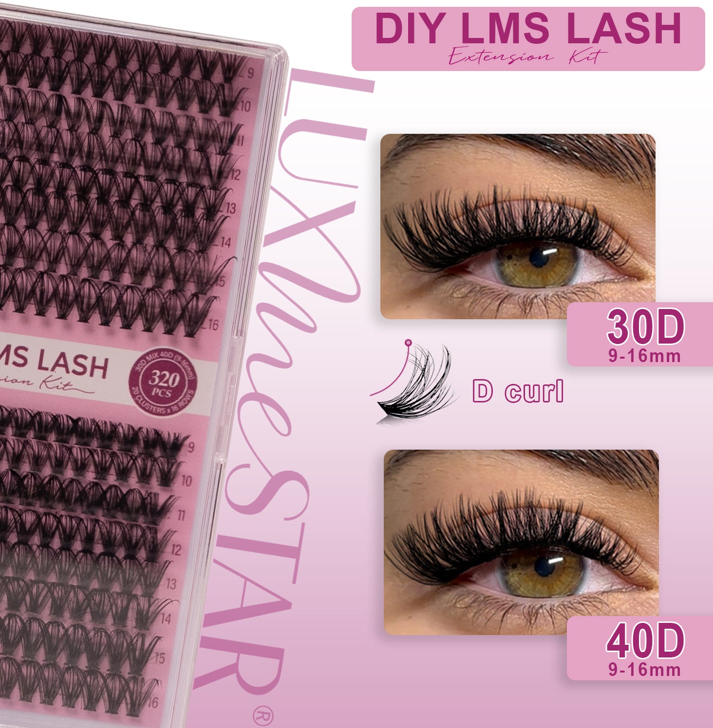 LuxMeStar DIY Lash Extension Kit 320pcs Individual Lashes Cluster D Curl (30D+40D, 9-16mm)